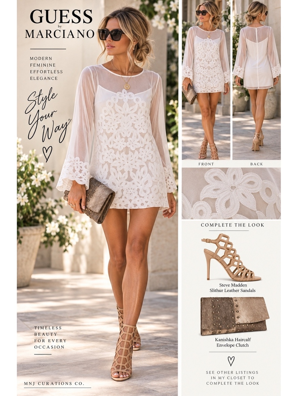 GUESS by Marciano White Floral Lace Appliqué Mini Dress S Bridal Cocktail
